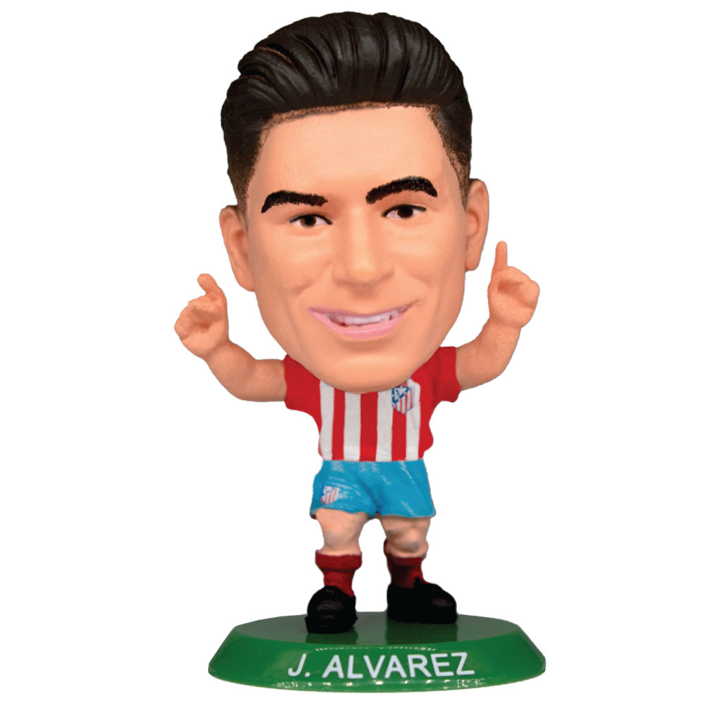 Julian Alvarez SoccerStarz figure in the classic Atletico Madrid home kit on a green base