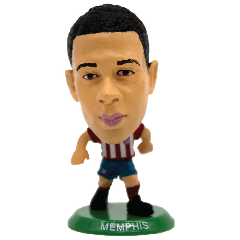 Atletico Madrid FC SoccerStarz Memphis Depay collectable figure in the classic home kit on a green base
