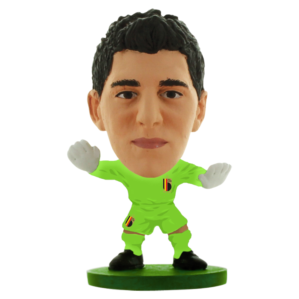 Belgium SoccerStarz Thibaut Courtois collectable figure in the classic home kit on a green base