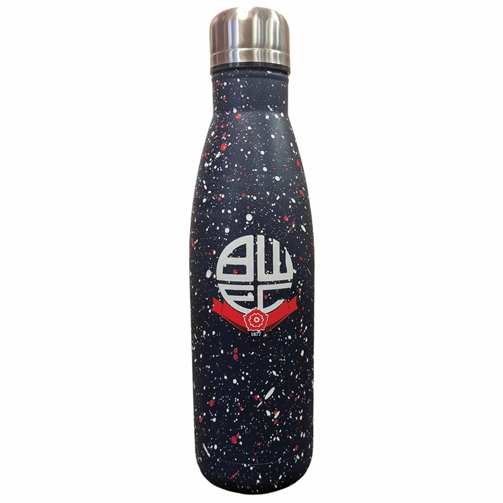 Navy Bolton Wanderers FC thermal flask with a paint splatter design and a full colour club crest