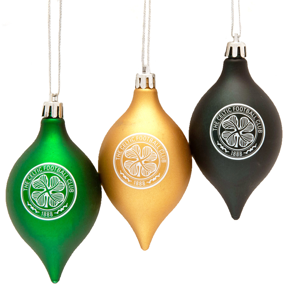 Pack of three green and gold vintage style Celtic FC Christmas baubles with the club crest