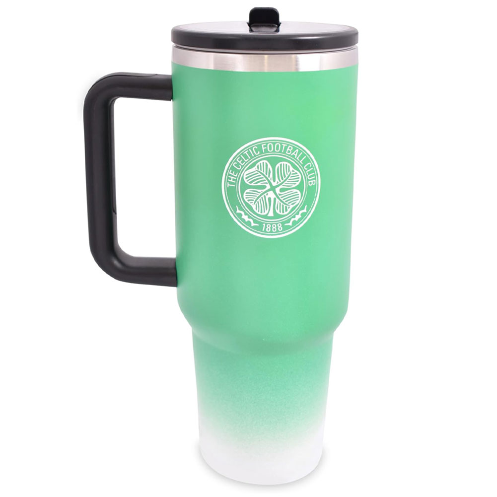 Green Celtic FC 40oz thermal tumbler with soft grip handle and closable drinking spout