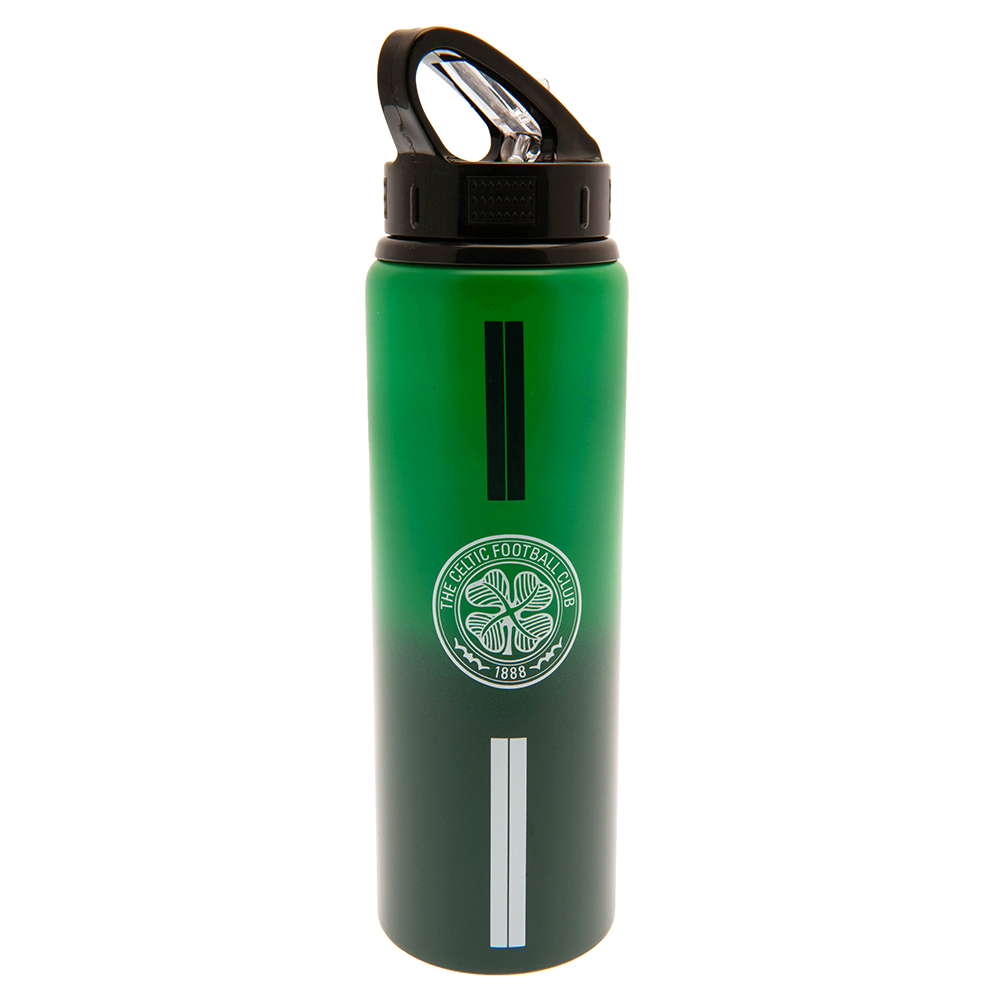 Celtic FC 750ml aluminium drinks bottle with a vibrant stripe design and the Celtic crest and text in white