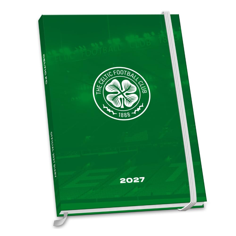 Celtic FC green hardback A5 2027 diary with a white Celtic crest and an elastic closure