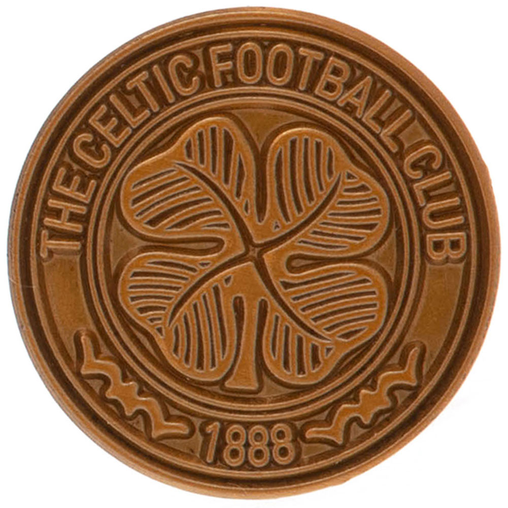 Celtic FC antique gold crest shaped metal pin badge on a header card