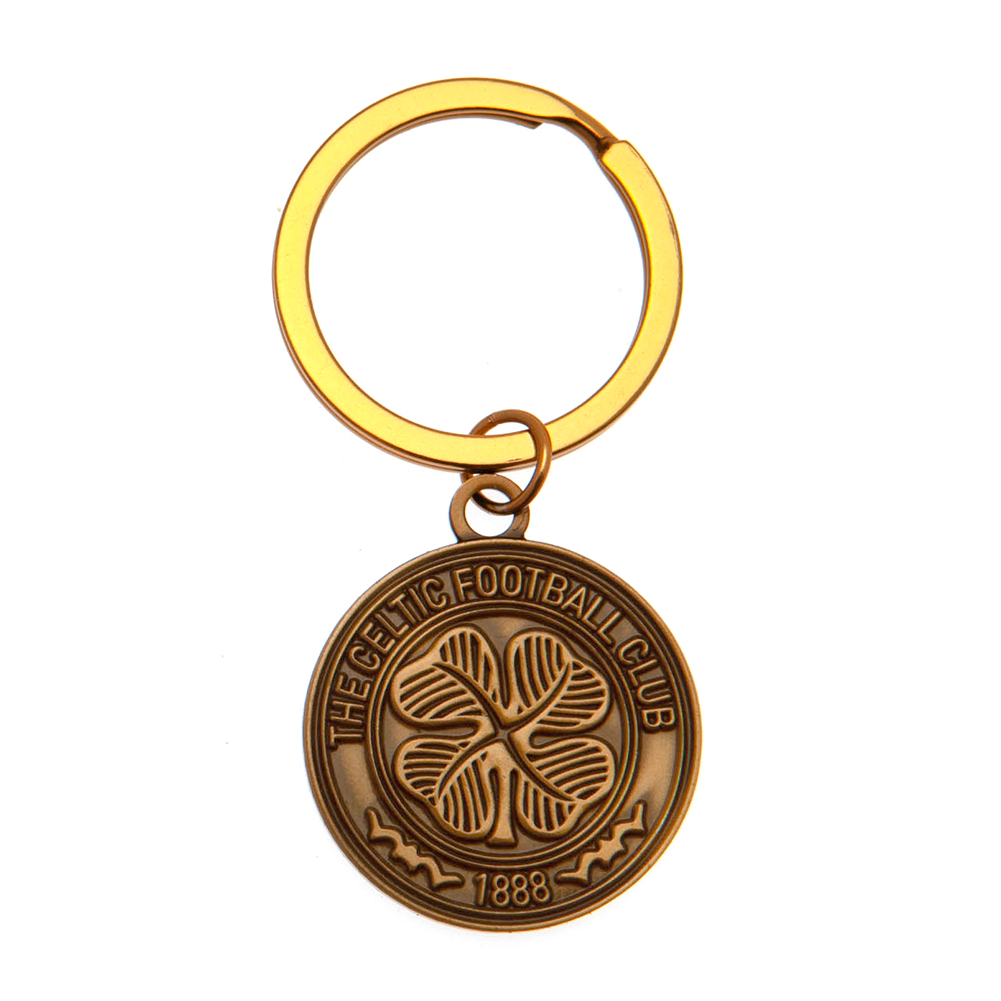 Celtic antique gold style die stamped crest shaped keyring with a chain and split ring on a header card