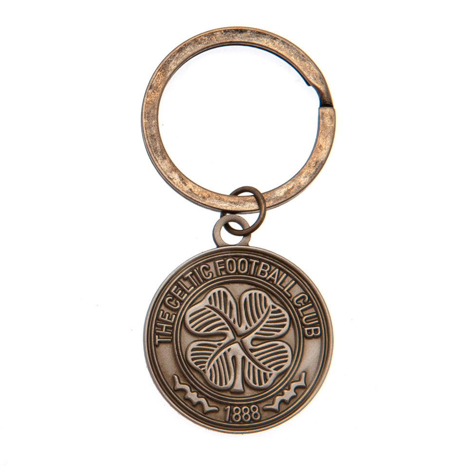 Celtic antique silver style die stamped crest shaped keyring with a chain and split ring on a header card