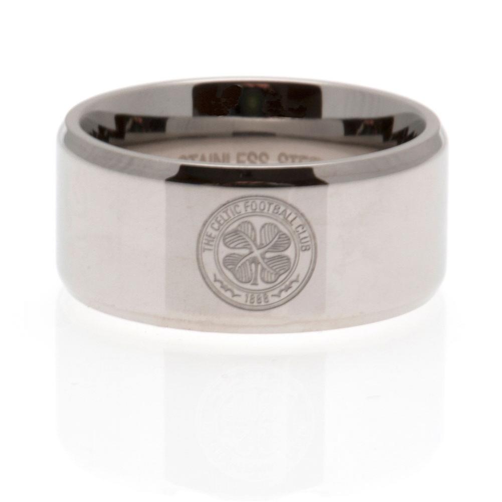 Celtic FC stainless steel band ring with a chrome finish and an engraved Celtic club crest