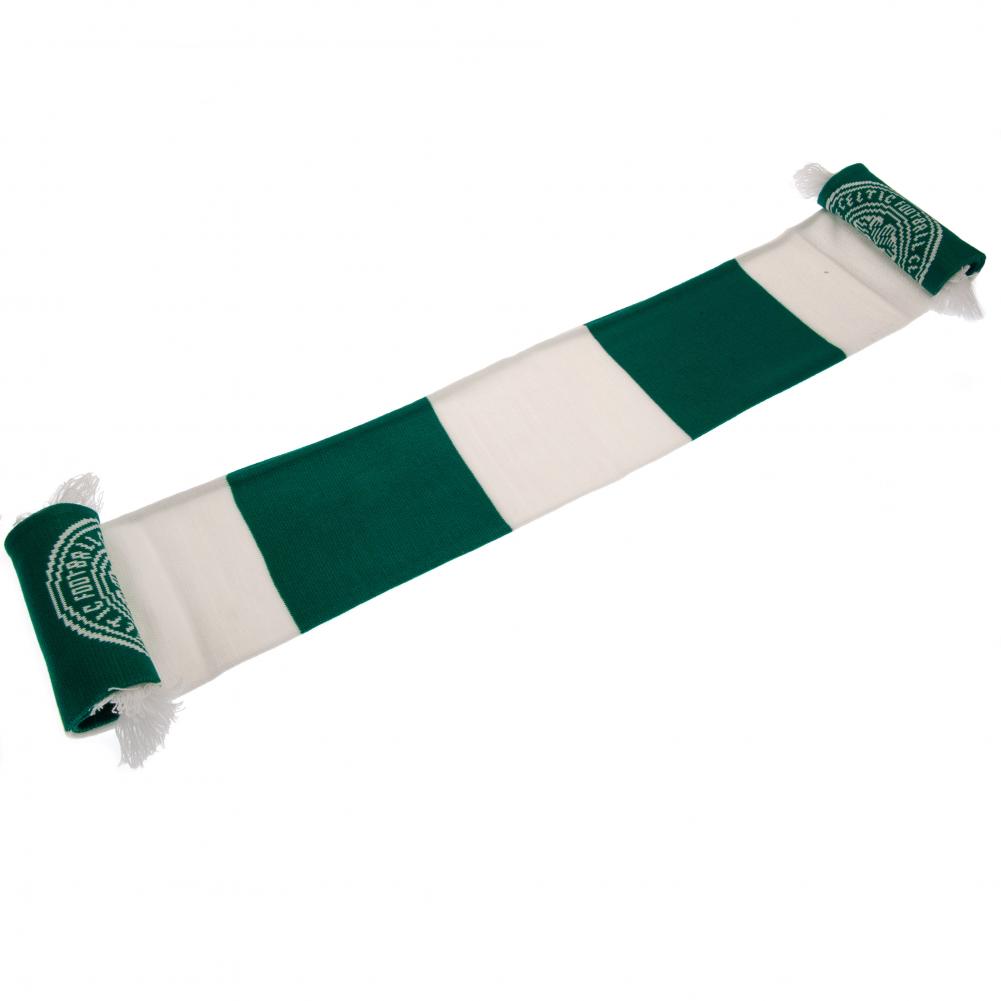 Celtic FC green and white bar stripe jacquard knit scarf with white fringe and large club crest