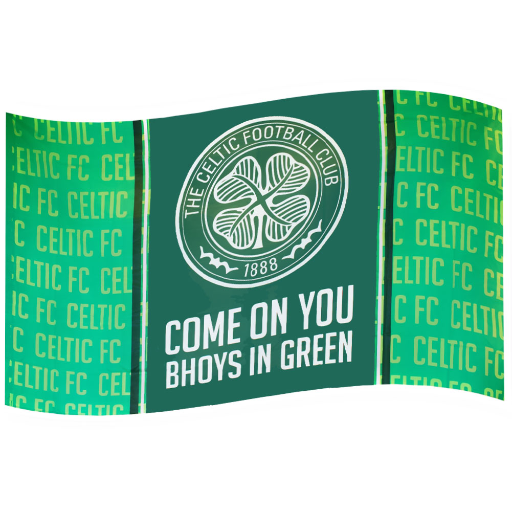 Celtic FC green supporters flag with a white Celtic crest and Come On You Bhoys In Green text