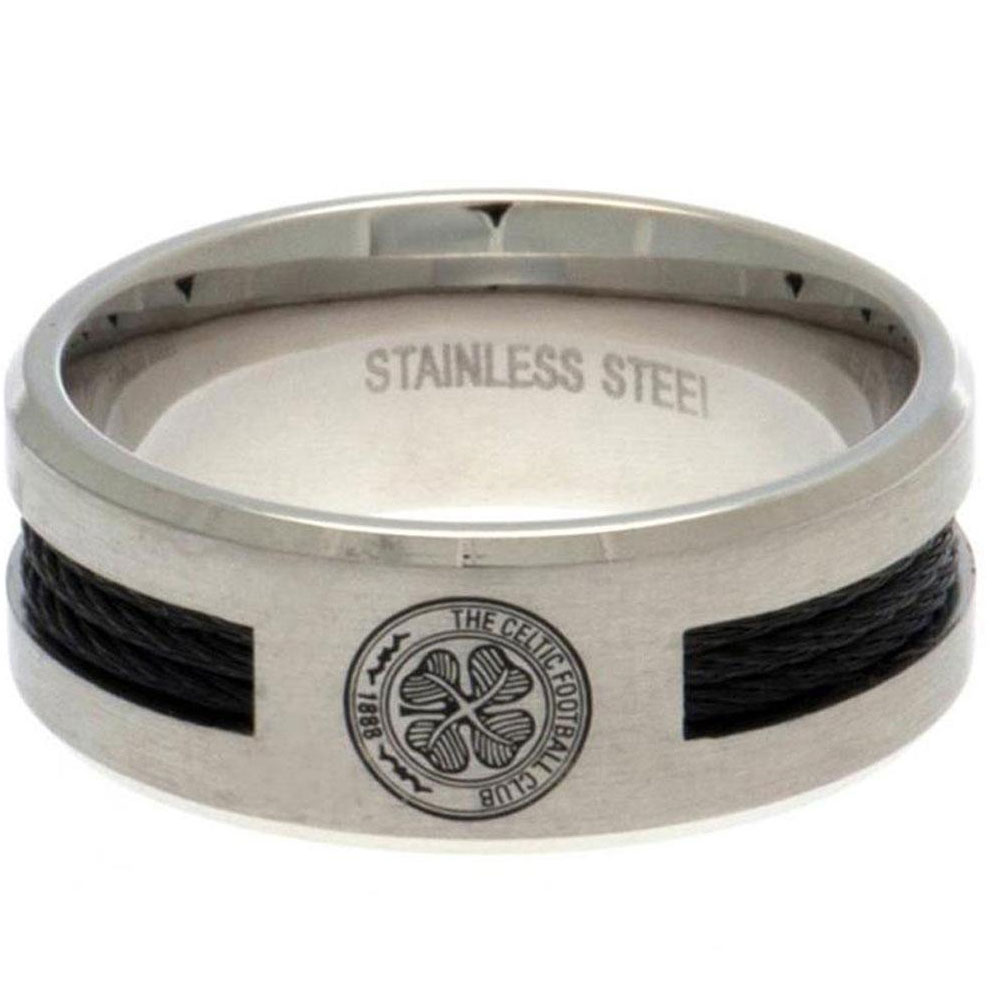 Celtic FC stainless steel ring with a black rope insert, brushed satin finish and engraved Celtic crest
