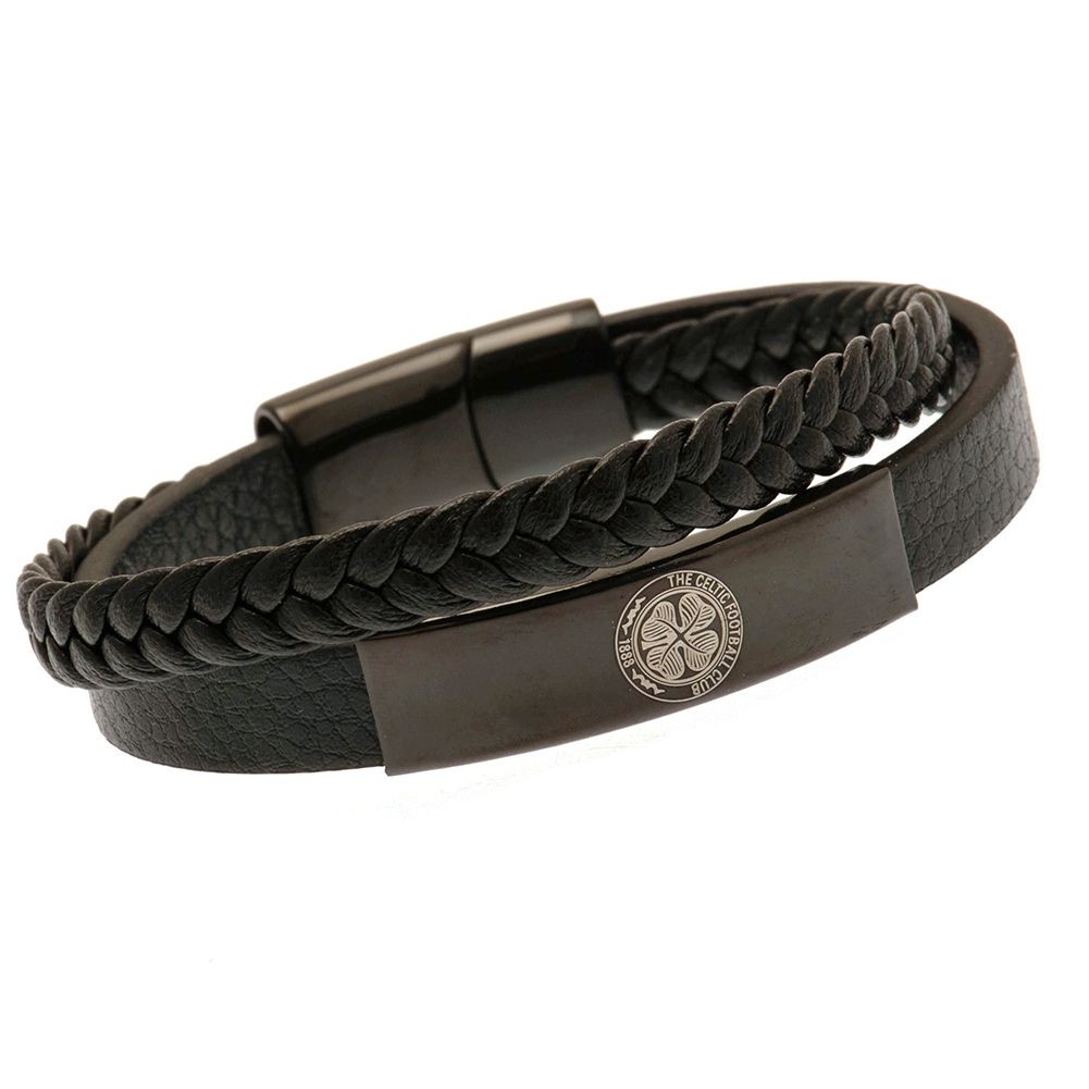 Celtic FC twin genuine leather bracelet with a black IP crest plate and engraved Celtic logo