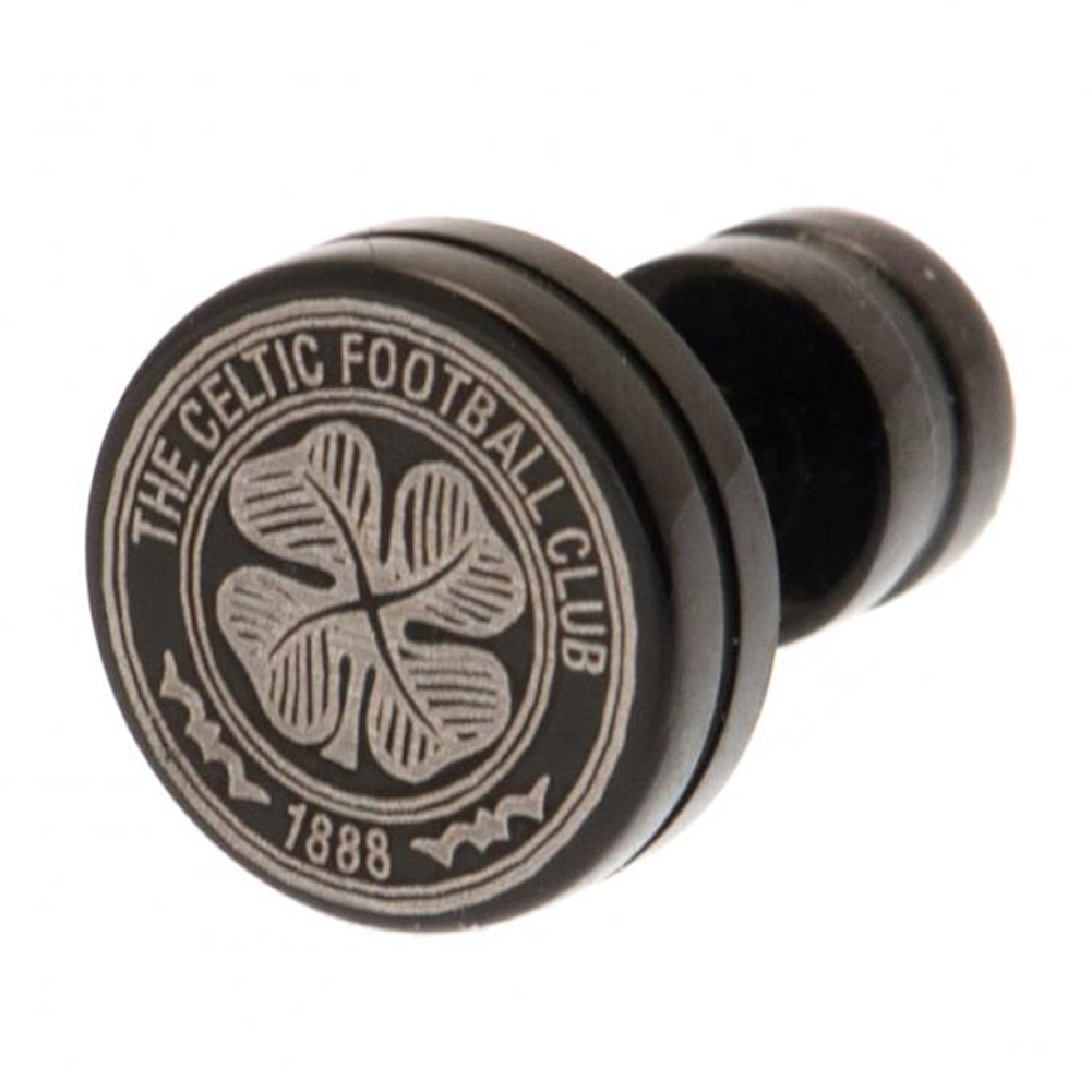 Celtic FC black ion plated stud earring with a laser printed Celtic crest on a screw back fixing