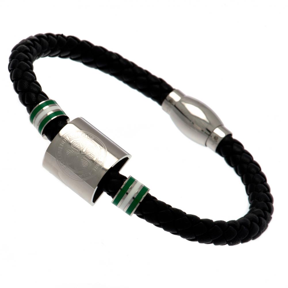 Celtic FC black genuine leather rope bracelet with stainless steel colour rings and an engraved club crest