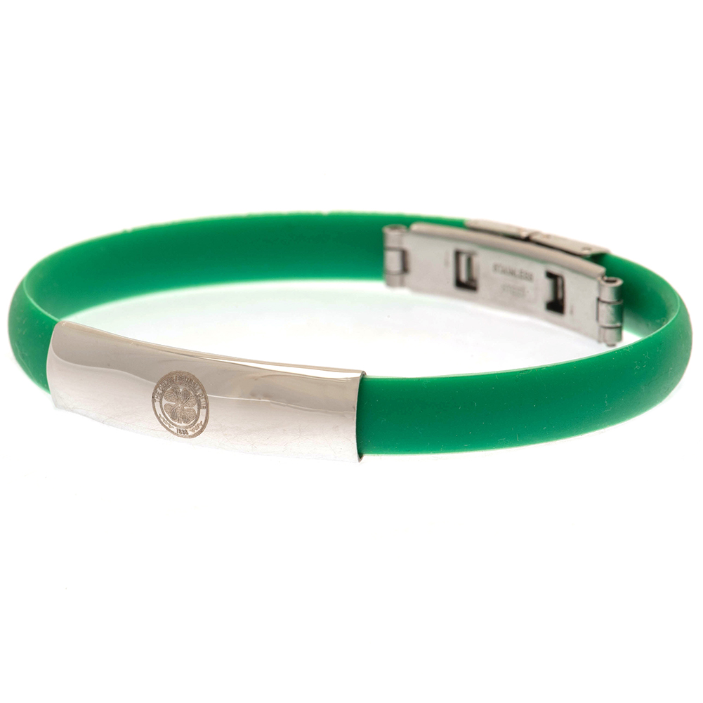 Green Celtic FC flexi silicone bracelet with an engraved club crest plate and a steel clasp