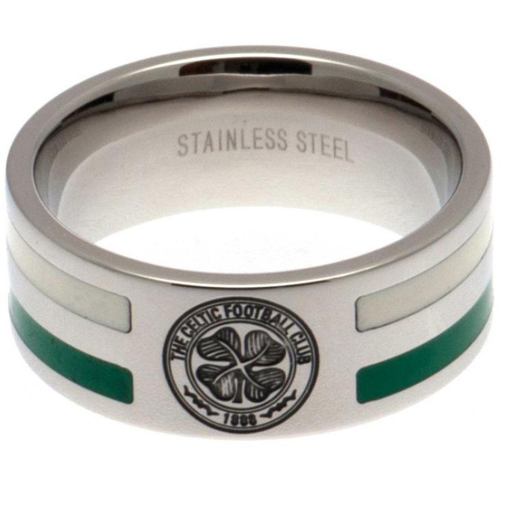 Celtic FC stainless steel ring with green and white colour inserts, a chrome finish and engraved crest