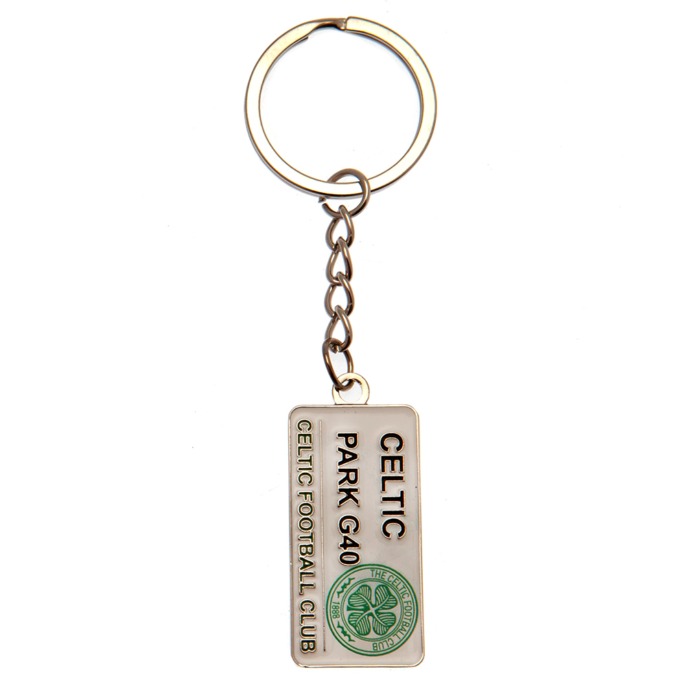 Celtic FC rectangular metal keyring with a full colour enamel street sign design and chain
