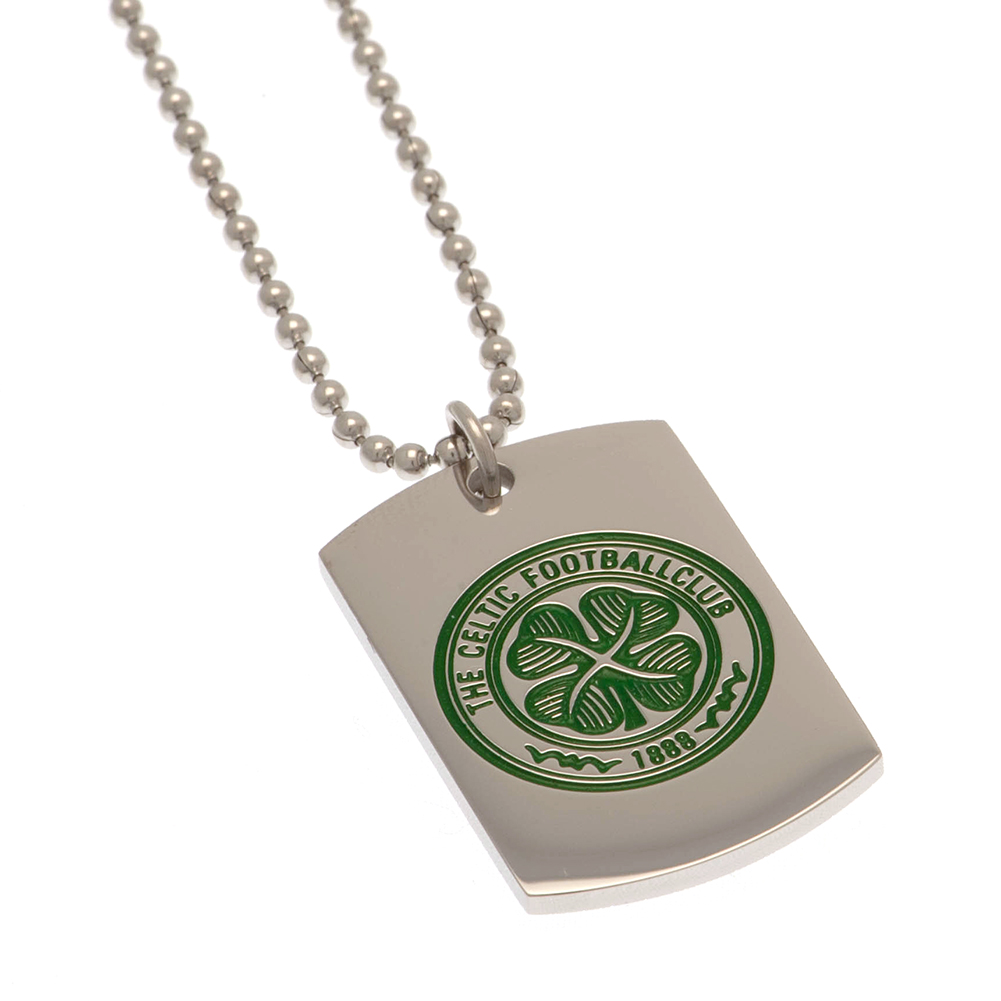 Celtic FC stainless steel dog tag with a colour inlay crest on a chrome finish and a ball chain