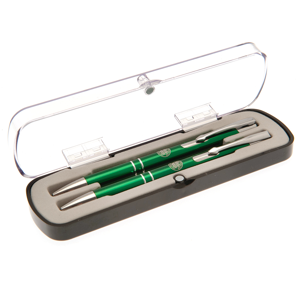 Celtic FC green pen and pencil gift set with a silver crest in a clear Perspex display case