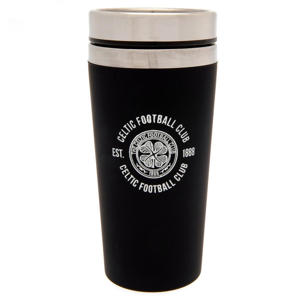 Matt black Celtic FC stainless steel travel mug with a silver rim screw top lid
