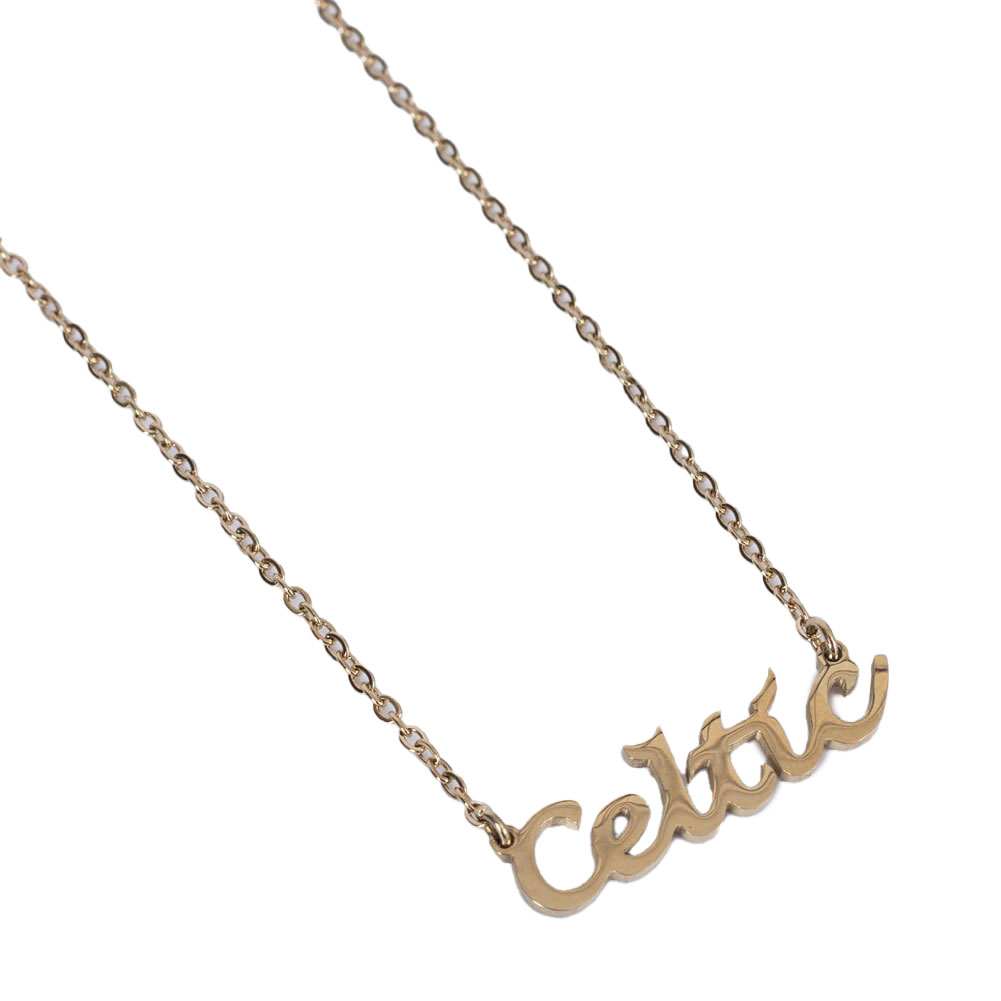Celtic FC gold plated necklace with a slim tag spelling the word Celtic