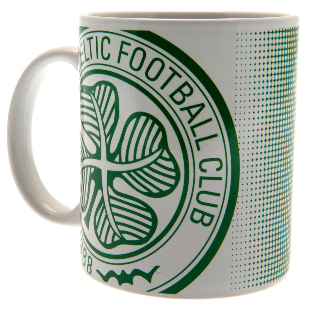 Celtic FC ceramic mug with a green and white halftone design featuring a large Celtic club crest