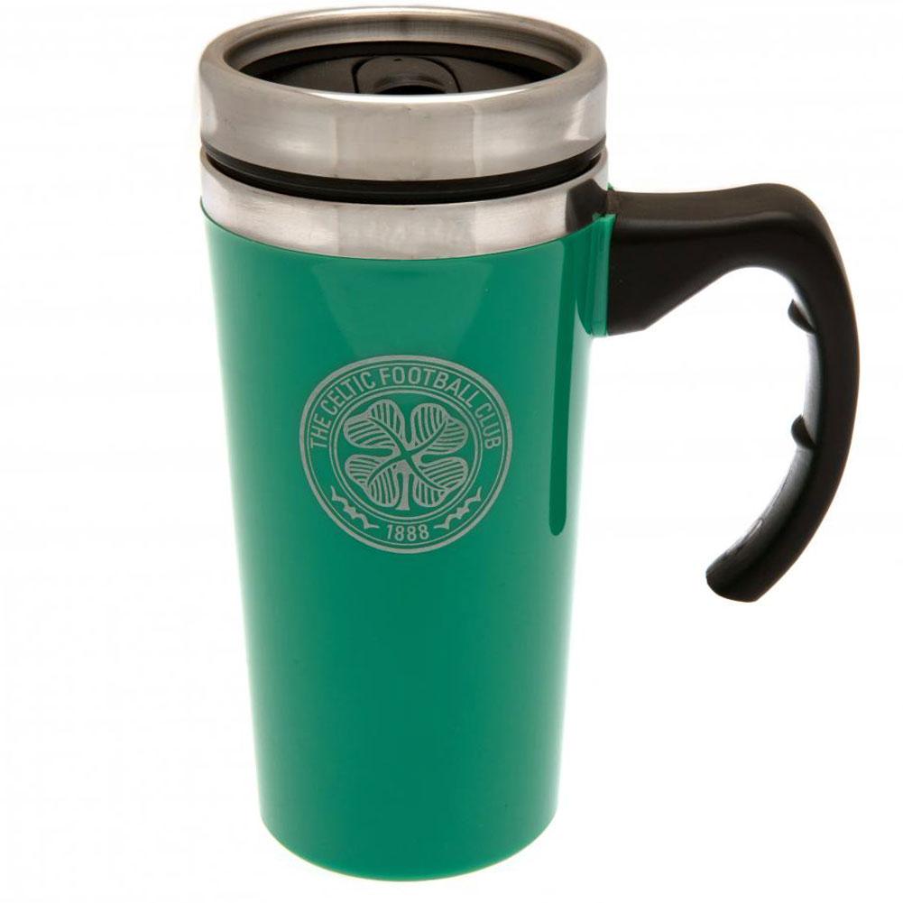 Green gloss Celtic FC stainless steel travel mug with a printed Celtic crest and ergonomic handle