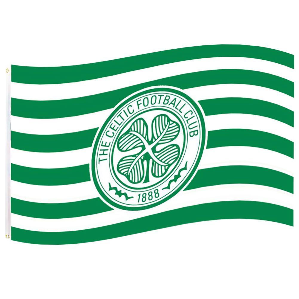 Celtic FC green and white hoop supporters flag with a full colour Celtic crest