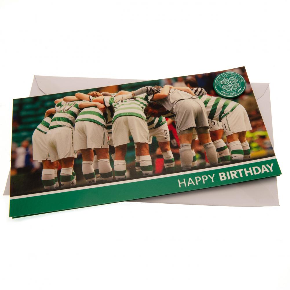 Celtic FC club colours gloss birthday card showing players in the Celtic Huddle with a Celtic badge