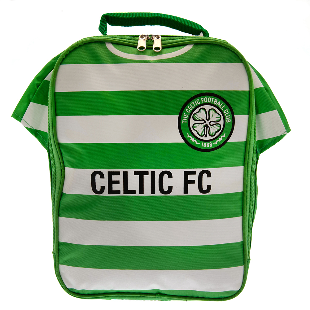 Celtic FC home shirt design lunch bag with Celtic text, club crest, name tag and carry handle