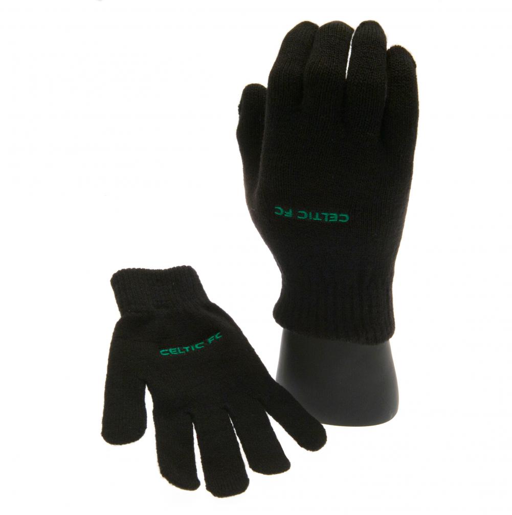 Pair of Celtic FC children's black knitted gloves with Celtic FC text in green