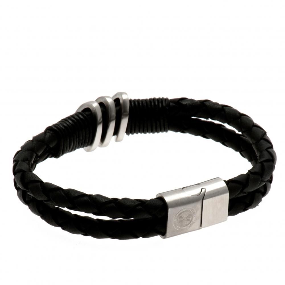 Celtic FC black twin rope leather bracelet with a stainless steel magnetic clasp and engraved crest