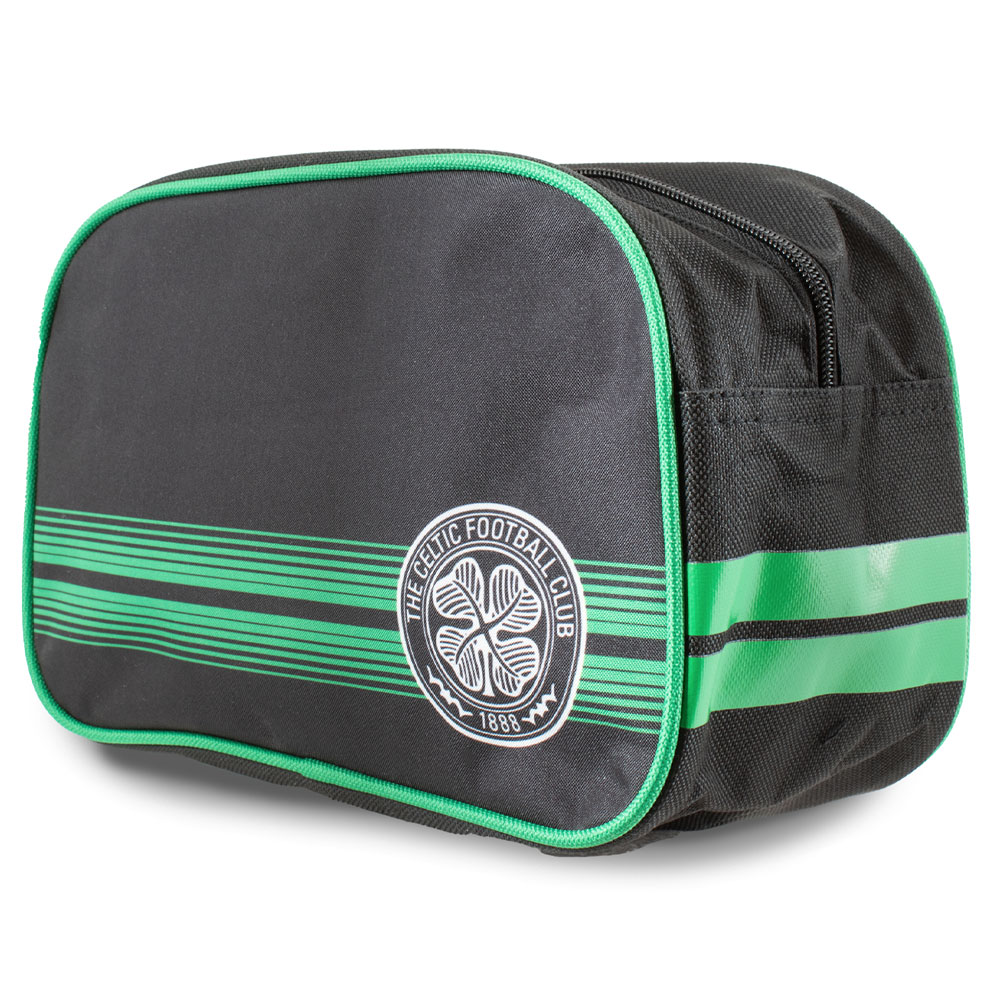 Striped Celtic FC toiletry wash bag with a club crest and rubber zip pulls with raised Celtic detail