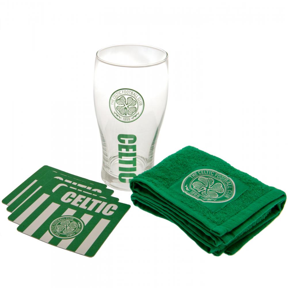 Celtic FC mini bar set with a green text tulip pint glass, green bar towel and four crested beer mats