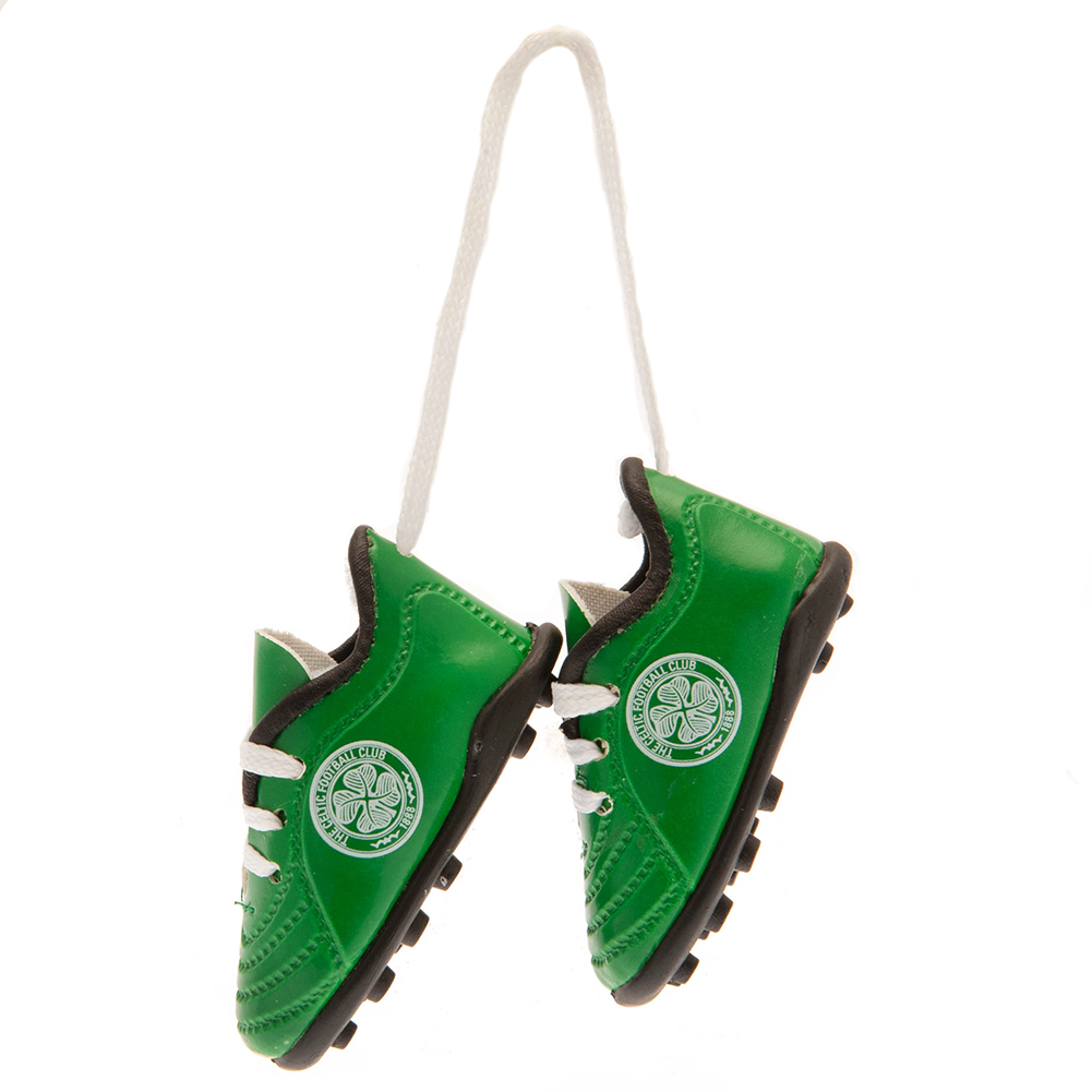 Pair of green Celtic mini football boots with laces and a printed Celtic crest on each side