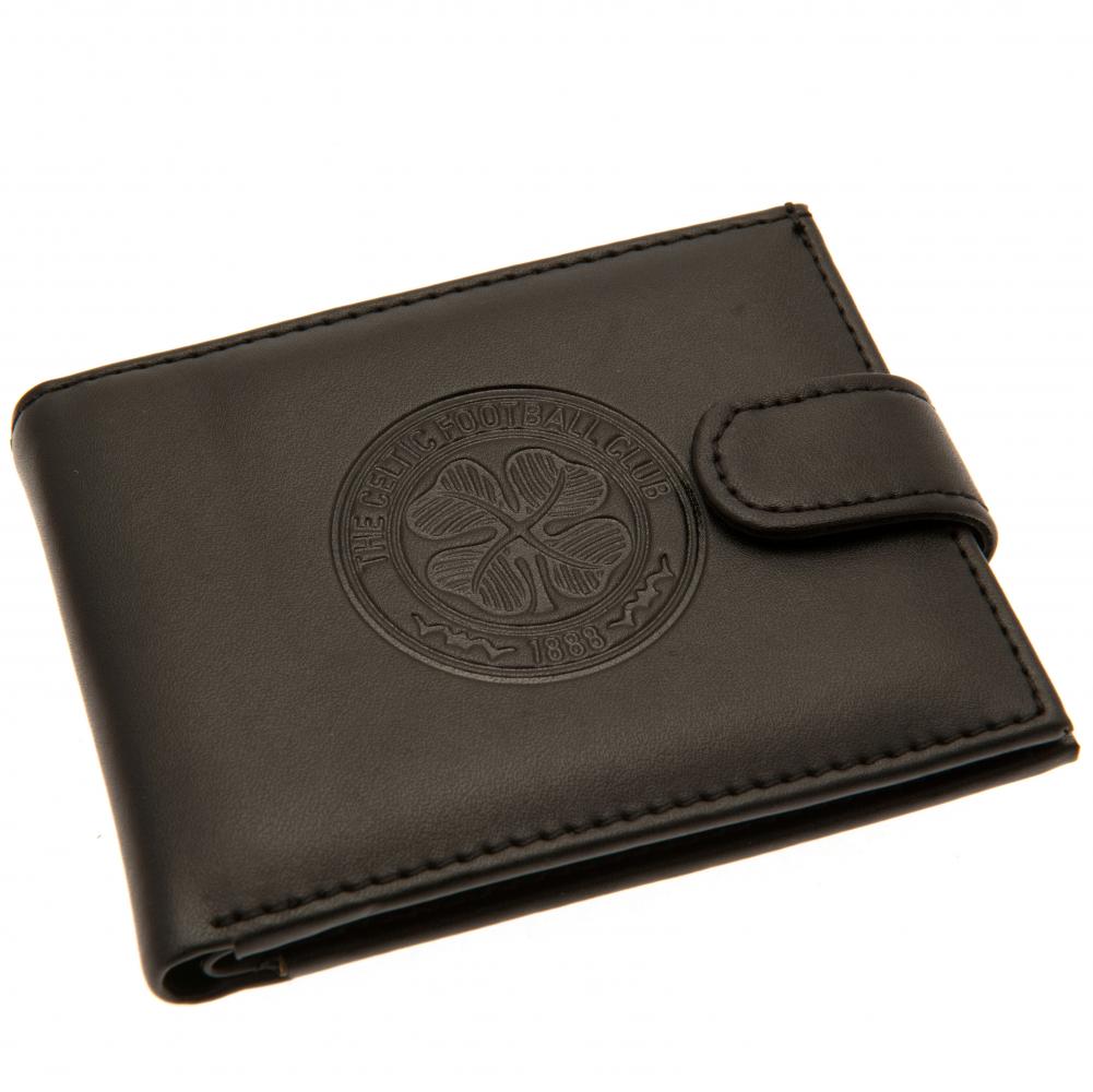 Black Celtic FC leather wallet with a large debossed club crest and stud fastener