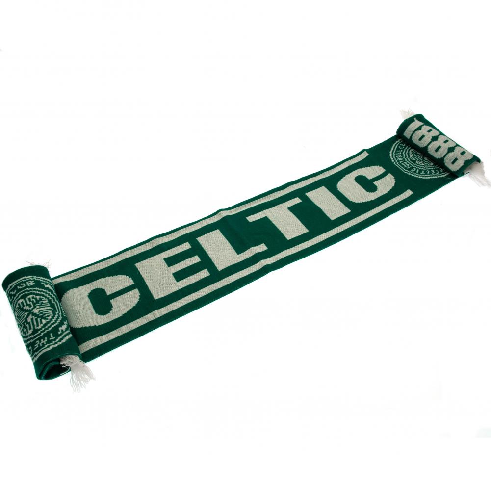 Celtic FC green jacquard knit scarf with white stripe detail and fringe, Celtic text, large crest and 1888