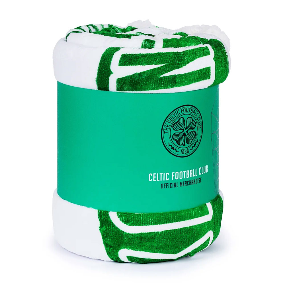 Celtic FC green and white striped blanket with a colour crest and the words You'll never walk alone