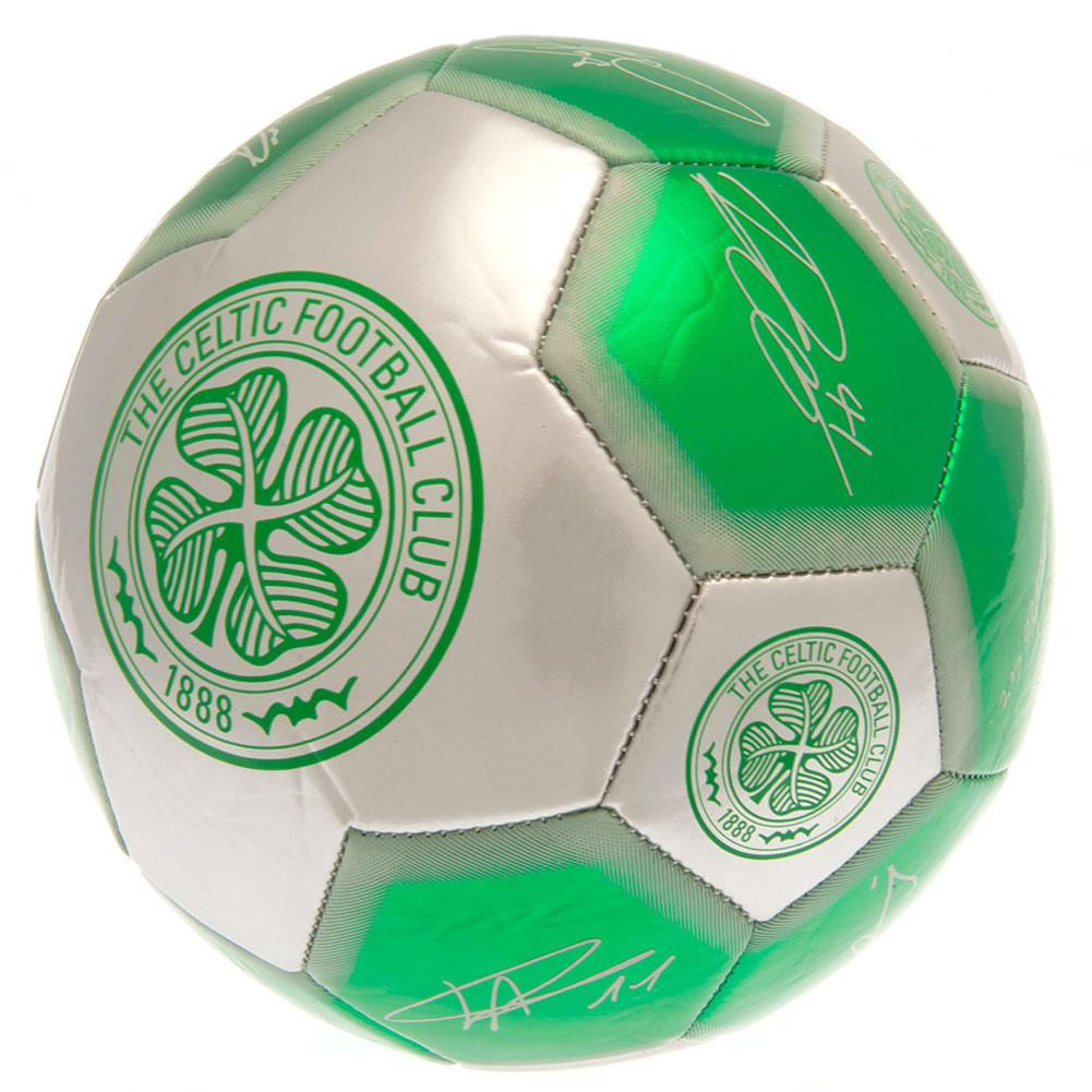 Celtic FC green and silver football with the Celtic crest and official player signature prints
