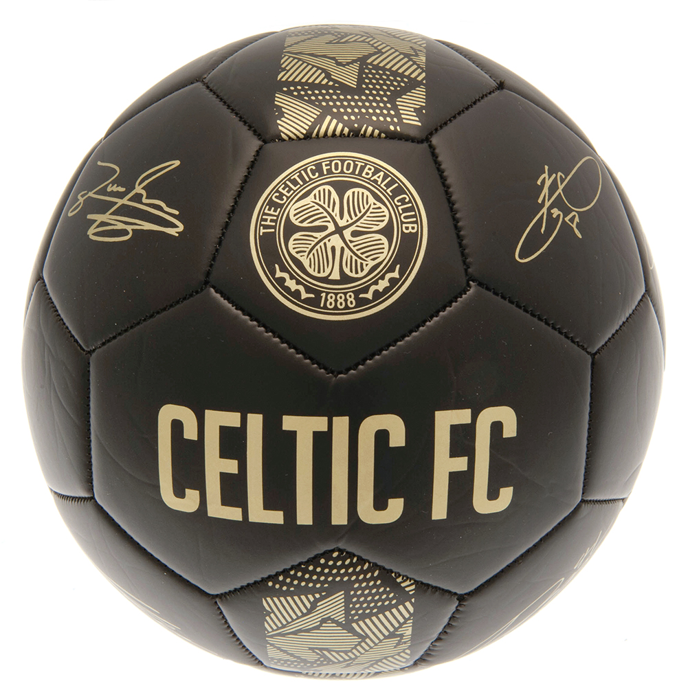 Celtic FC matte black football with a gold printed Celtic crest and official player signature prints