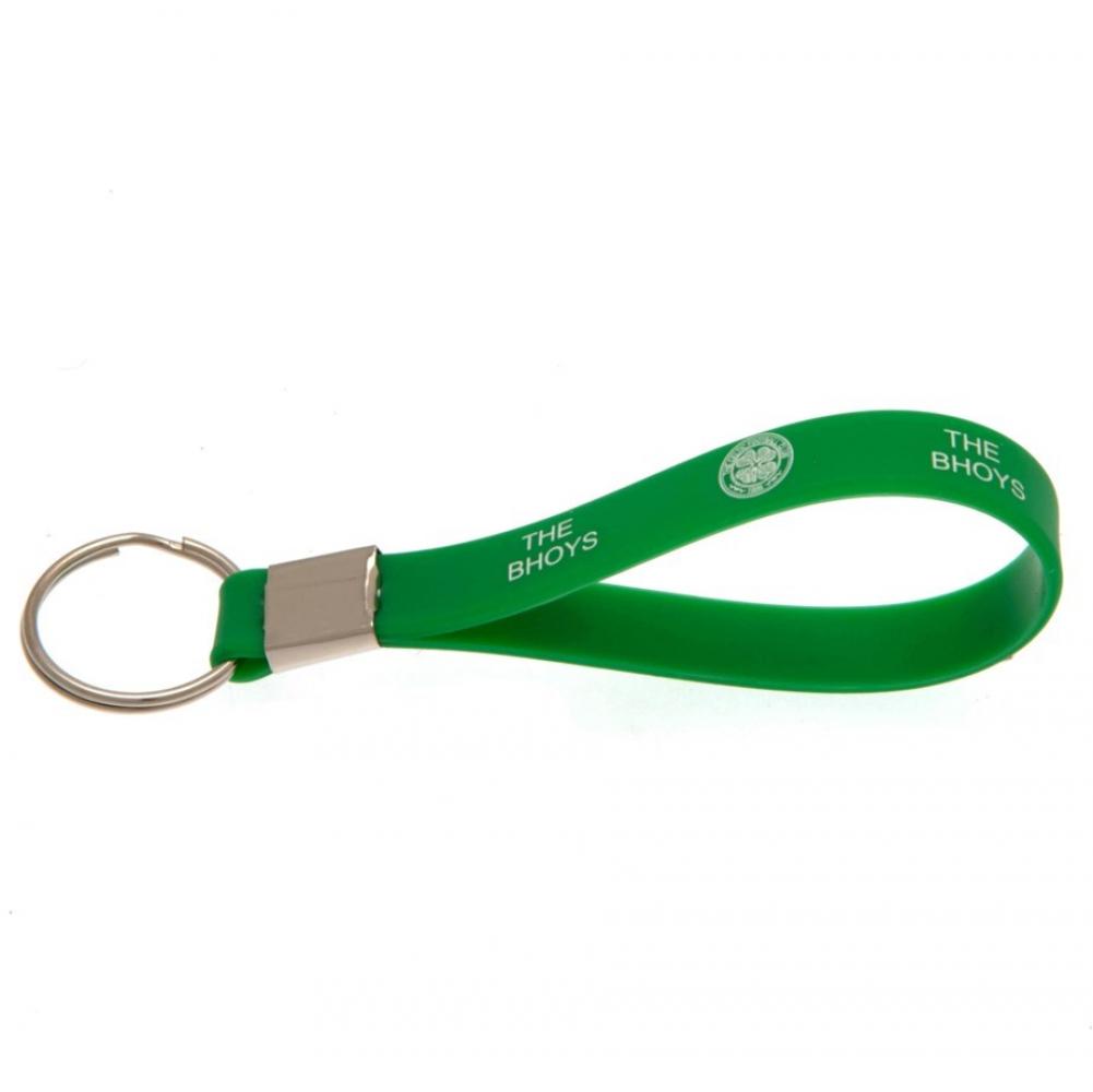 Celtic FC green silicone strap keyring with a crest and the bhoys text design and a metal band