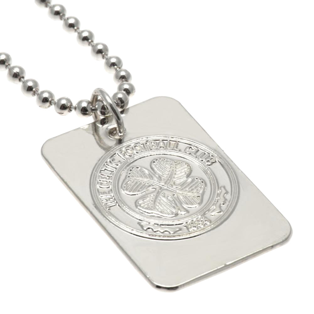 Celtic FC silver plated dog tag with an embossed club crest on a chrome finish and ball chain