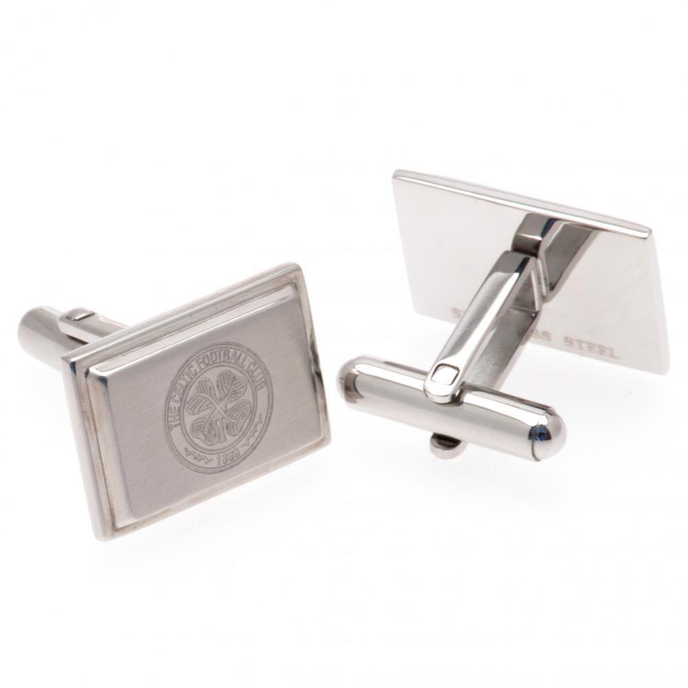 Pair of Celtic FC stainless steel brushed satin rectangular cufflinks engraved with the Celtic crest