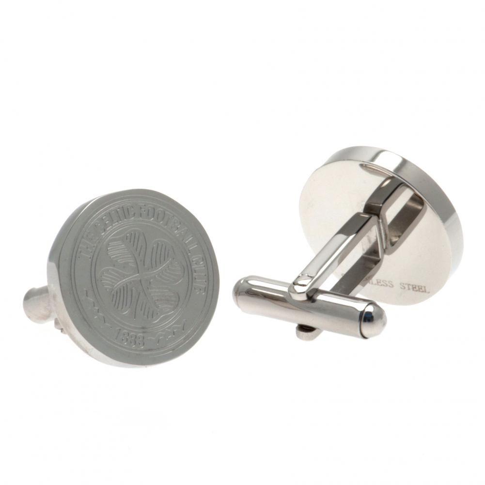 Pair of Celtic FC stainless steel chrome crest shaped cufflinks with a formed Celtic crest