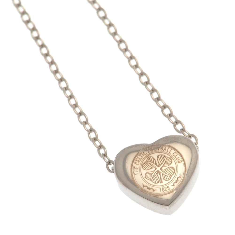 Celtic FC stainless steel heart necklace with the Celtic crest engraved on a chrome finish pendant