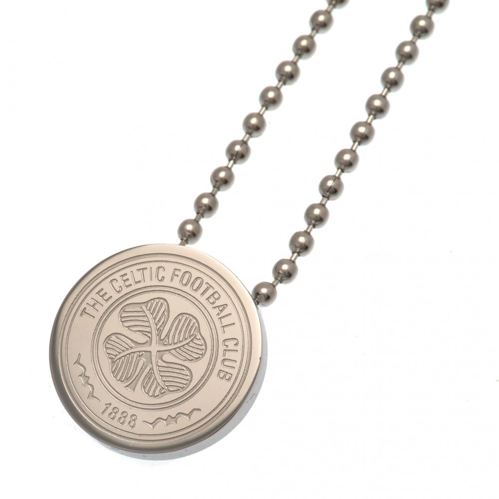 Celtic FC stainless steel crest shaped pendant with chrome finish Celtic crest and engraved detail on a ball chain