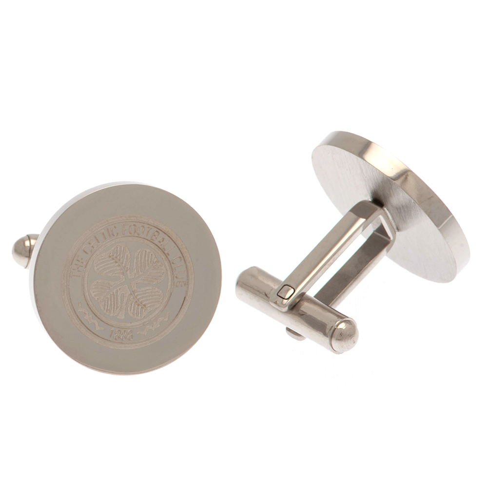 Celtic FC round stainless steel cufflinks with the engraved club crest in a chrome finish