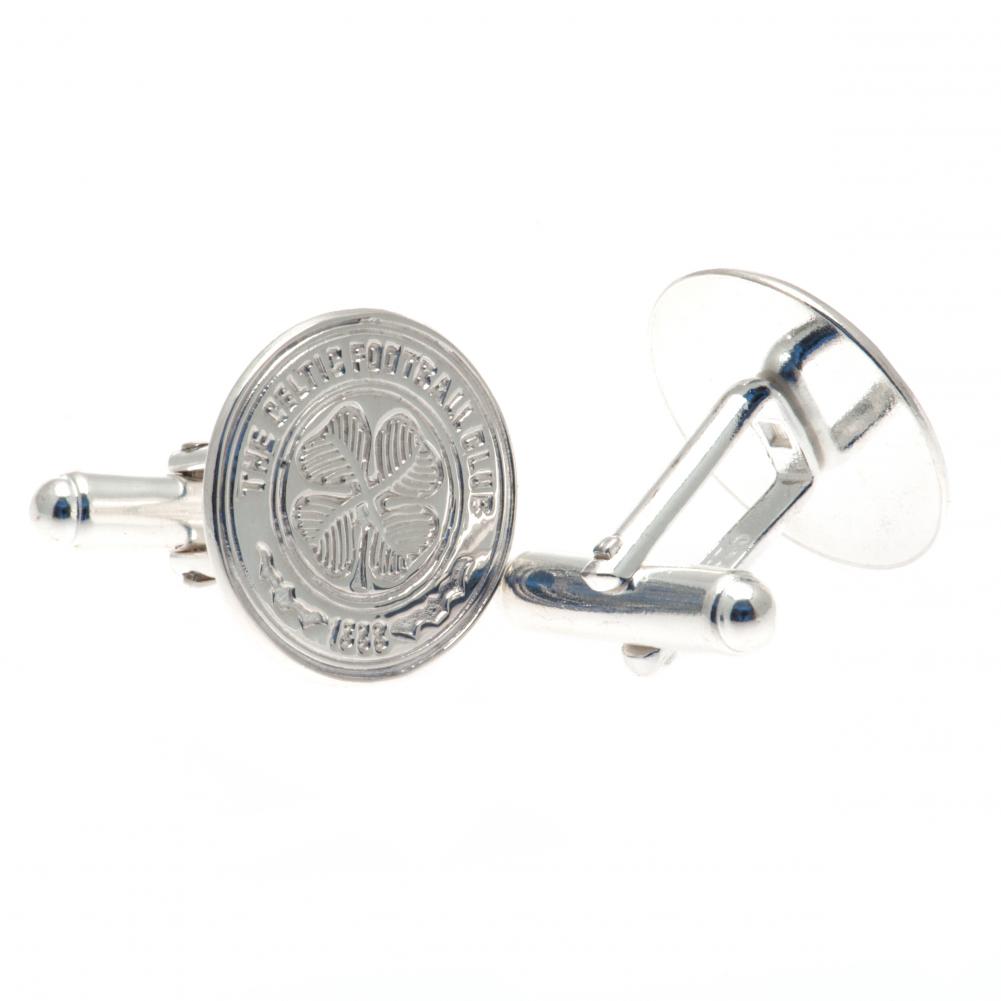 Celtic FC round sterling silver cufflinks showing a detailed club crest in a chrome finish