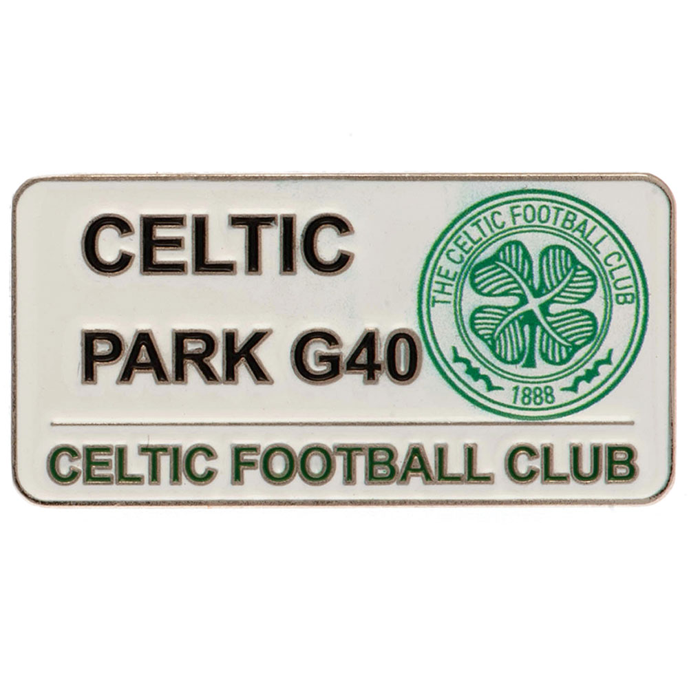 Celtic FC street sign design metal pin badge with a silver style finish on a header card