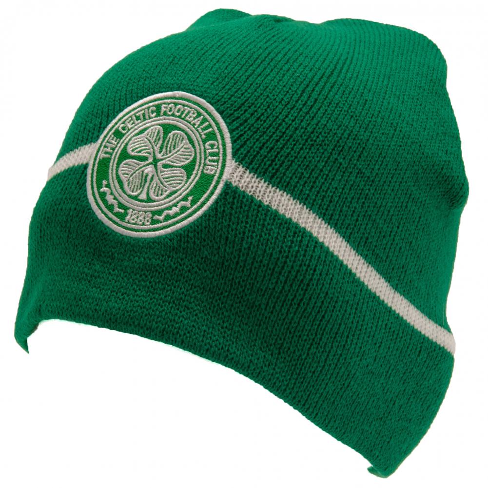 Celtic FC green dome style knitted beanie with a white stripe and an embroidered club crest